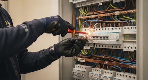 Electrician’s gloved hands wiring a modern electrical panel