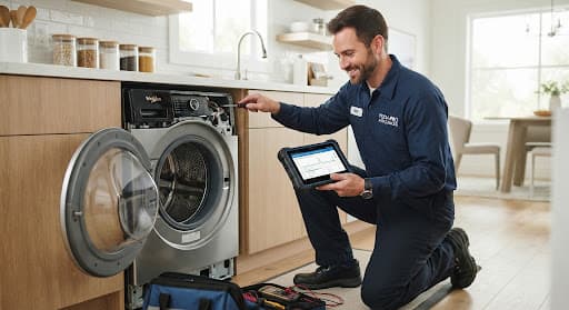 Technician repairing a modern front-loading washing machine