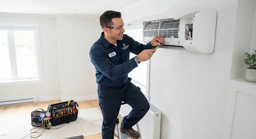 Technician in navy uniform servicing a modern split air conditioner