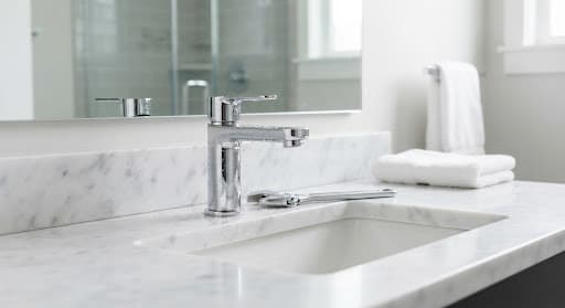 Sleek chrome bathroom faucet with a plumber’s wrench resting nearby