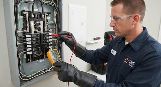 Electrician testing a breaker panel with a multimeter while wearing safety gloves