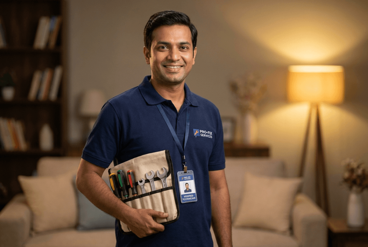 Smiling verified One Call technician holding a tool kit in a customer’s living room