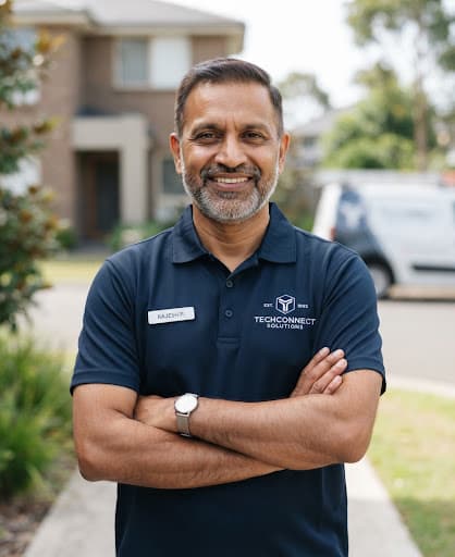 Portrait of a senior technician in a navy polo shirt
