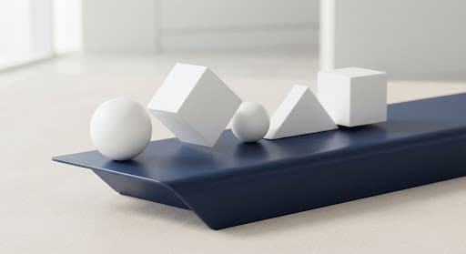 Minimalist abstract 3D composition of white geometric shapes