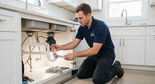 Plumber fixing a kitchen sink pipe with a wrench in a modern kitchen