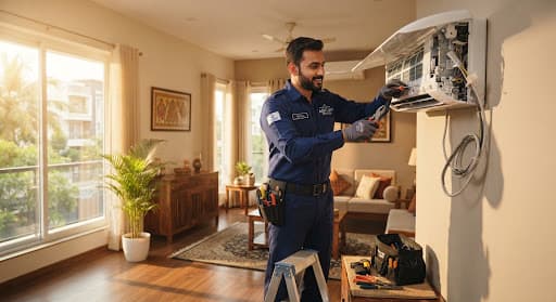 Professional HVAC technician in branded navy uniform at work