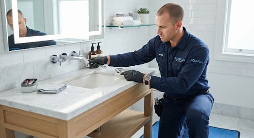 Plumber maintaining a spotless modern bathroom sink