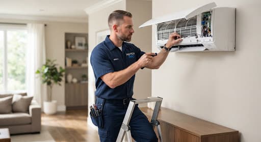 Technician inspecting a modern air conditioning unit