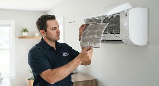 Technician removing and inspecting mesh filters from a wall-mounted AC