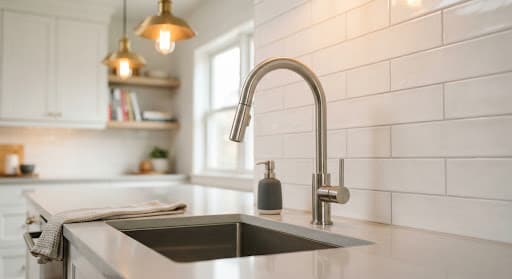 Perfectly installed modern kitchen faucet under warm lighting