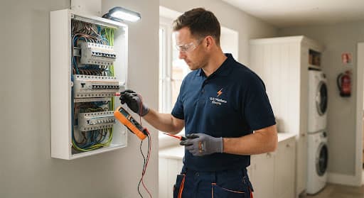 Electrician inspecting a modern electrical distribution board